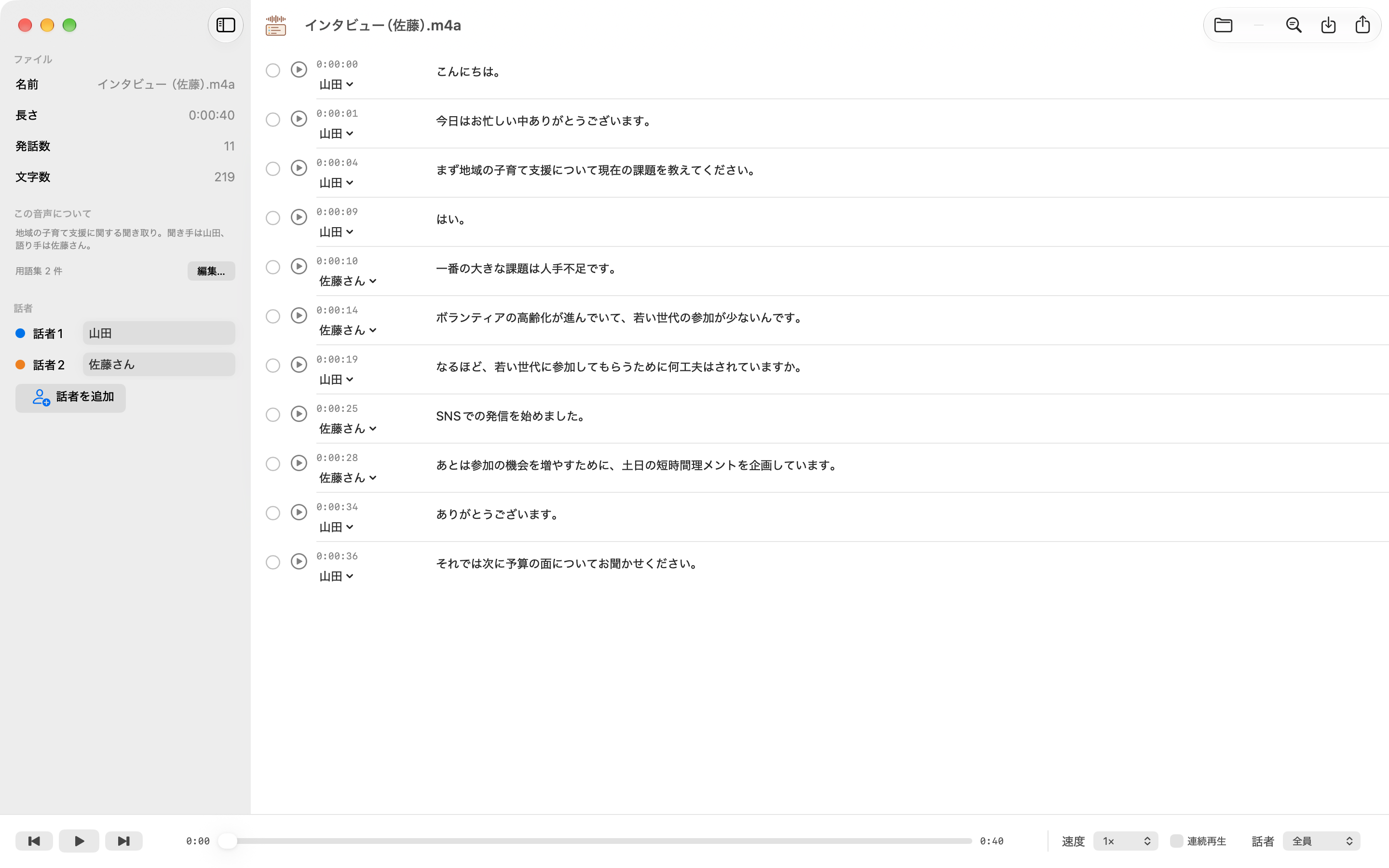 CacaoTransの編集画面。左のサイドバーにファイル名「インタビュー（佐藤）.m4a」、長さ0:00:40、発話数11、文字数219。その下に「この音声について」として「地域の子育て支援に関する聞き取り。聞き手は山田、語り手は佐藤さん。」と用語集2件、話者1=山田・話者2=佐藤さんの名前付け。右側は発話が1行ずつ並び、各行に選択用の丸、再生ボタン、時刻（0:00:00〜0:00:36）、話者名のプルダウン、本文（「こんにちは。」「まず地域の子育て支援について現在の課題を教えてください。」「一番の大きな課題は人手不足です。」など）。画面下に前へ・再生・次へのボタン、再生位置のバー、速度1x、連続再生のチェック、話者「全員」の絞り込み（架空の音声で撮影）